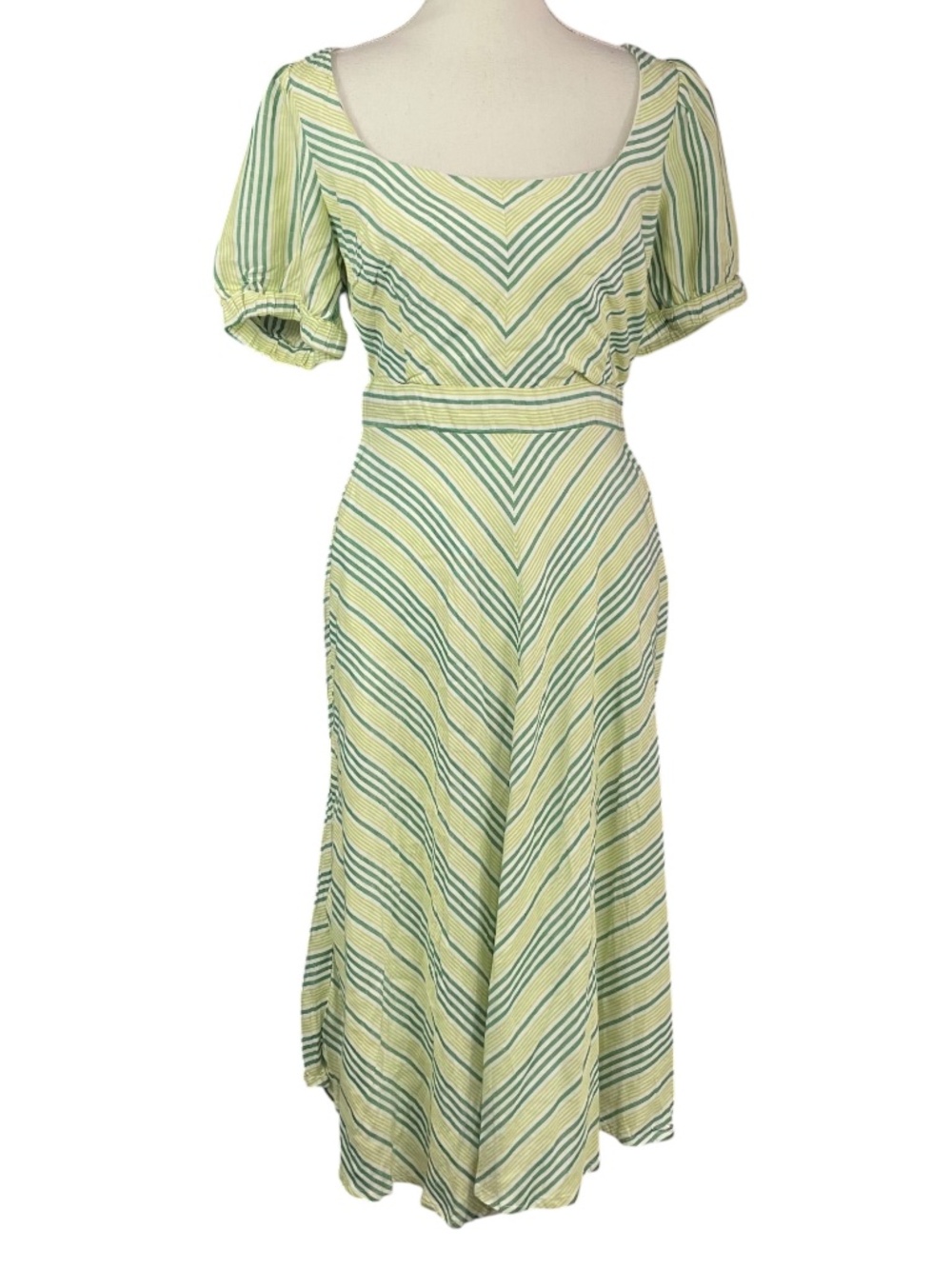 Linen Blend Pockets Dress M Chevron Midi Puff Sleeve Cottagecore Green Blue